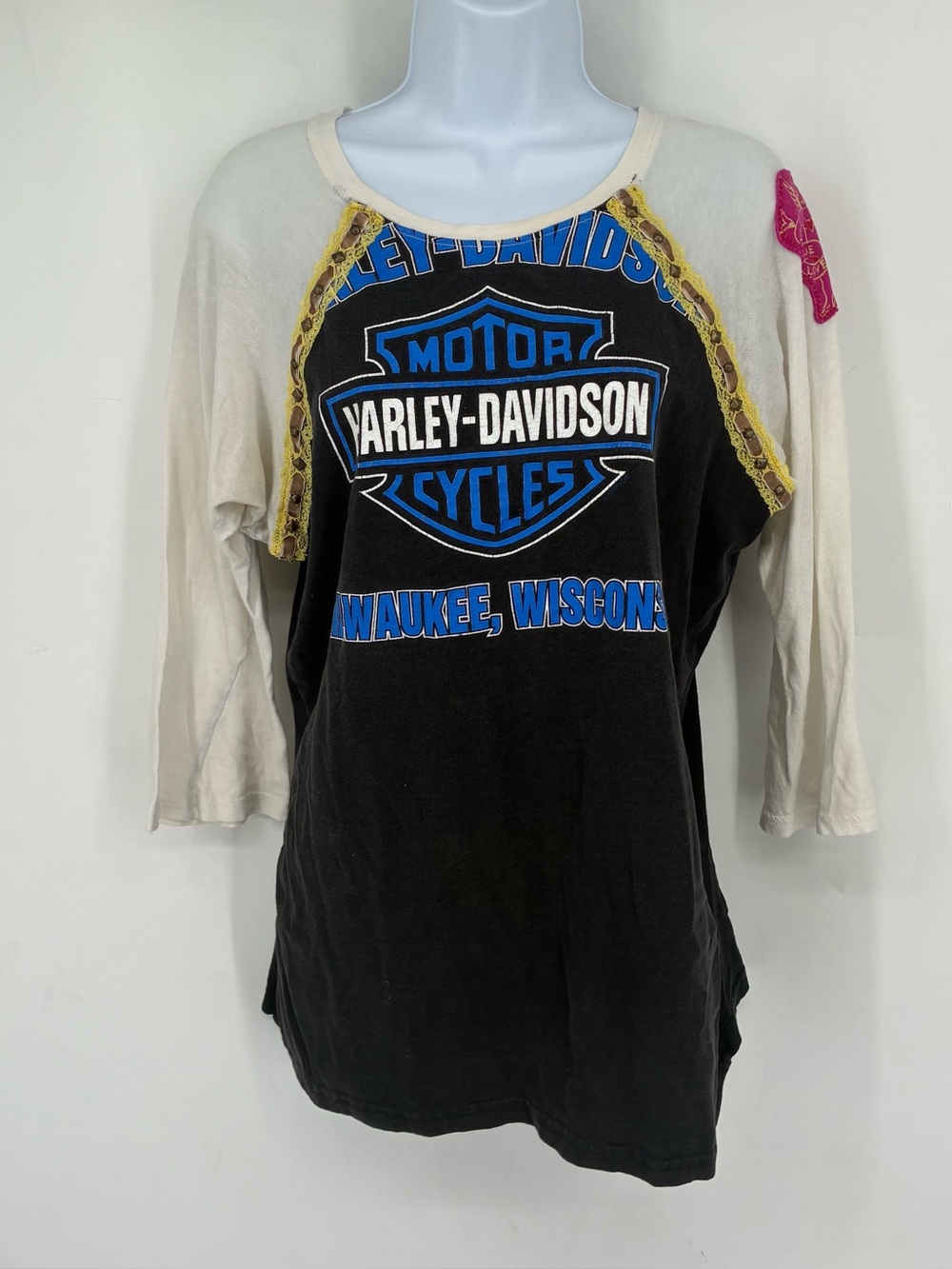 Y2K Fresh Karma Large Motorcyle Graphic Quarter Sleeve Black Blue Handmade Artsy